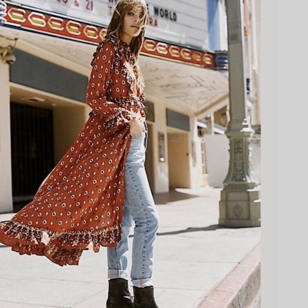 ⭐️Free People Calico Skies Rust Combo Midi Dress XL